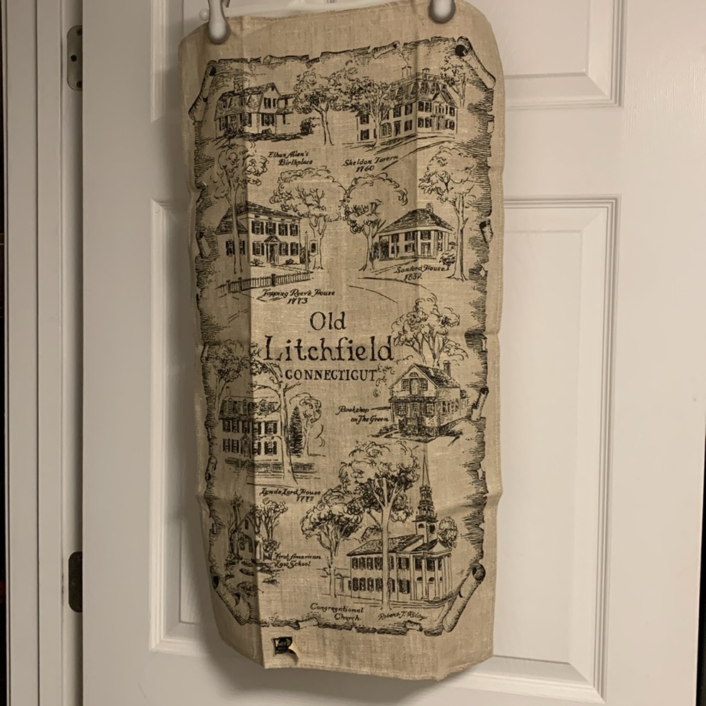 VTG KayDee Tea Towel Old Litchfield CT 100% Pure Linen Hand printed Original Tag